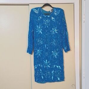 Vintage Carina Turquoise Blue Silk Beaded Cocktail Dress Size Medium